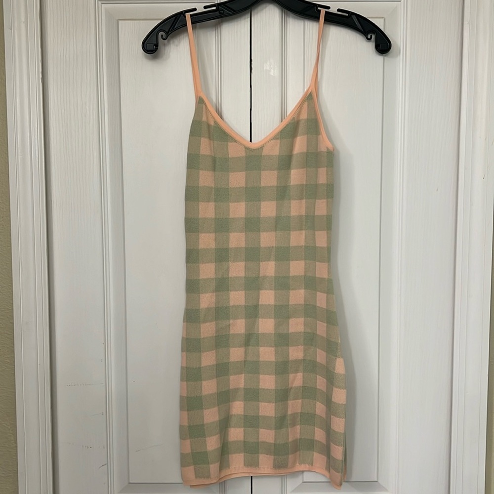 Pink and green gingham print knit dress